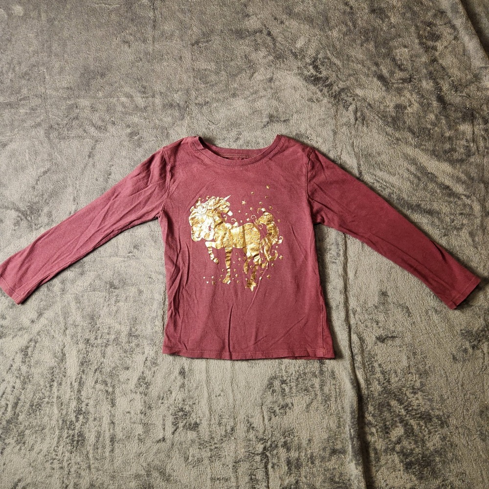 The Childrens Place Girls Burgundy Gold Foil Unicorn Graphic Tee S 5/6